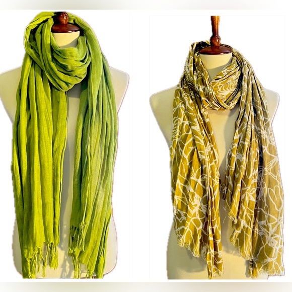 2 long broomstick crinkle scarves, viscose cotton linen blend green yellow/white - Picture 1 of 5
